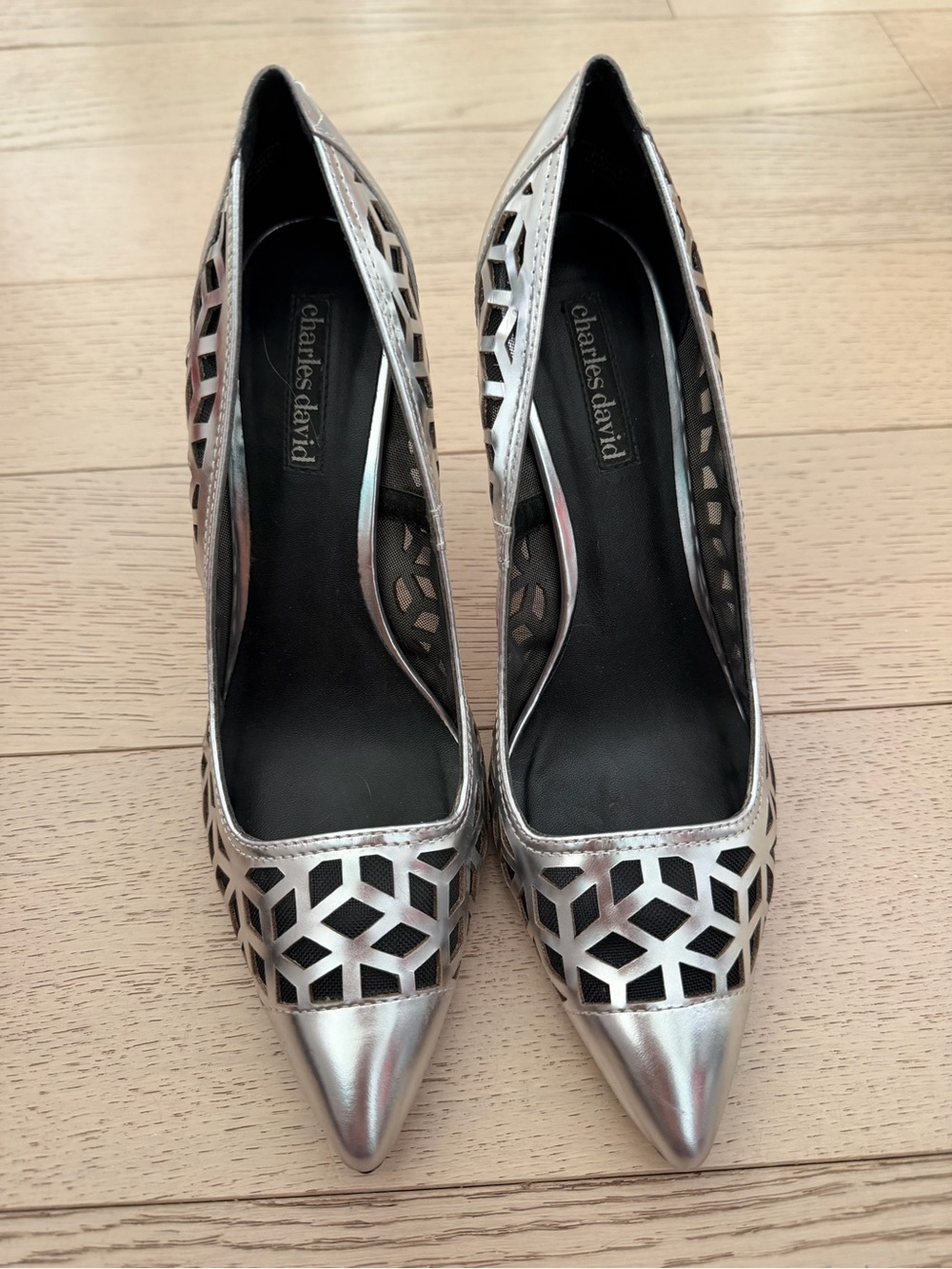 Charles David Metallic Silver Pointed-Toe Laser-Cut Pumps